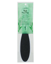 Front-view of a wall-hook ready packaging of a foot file from Gena with product details and information